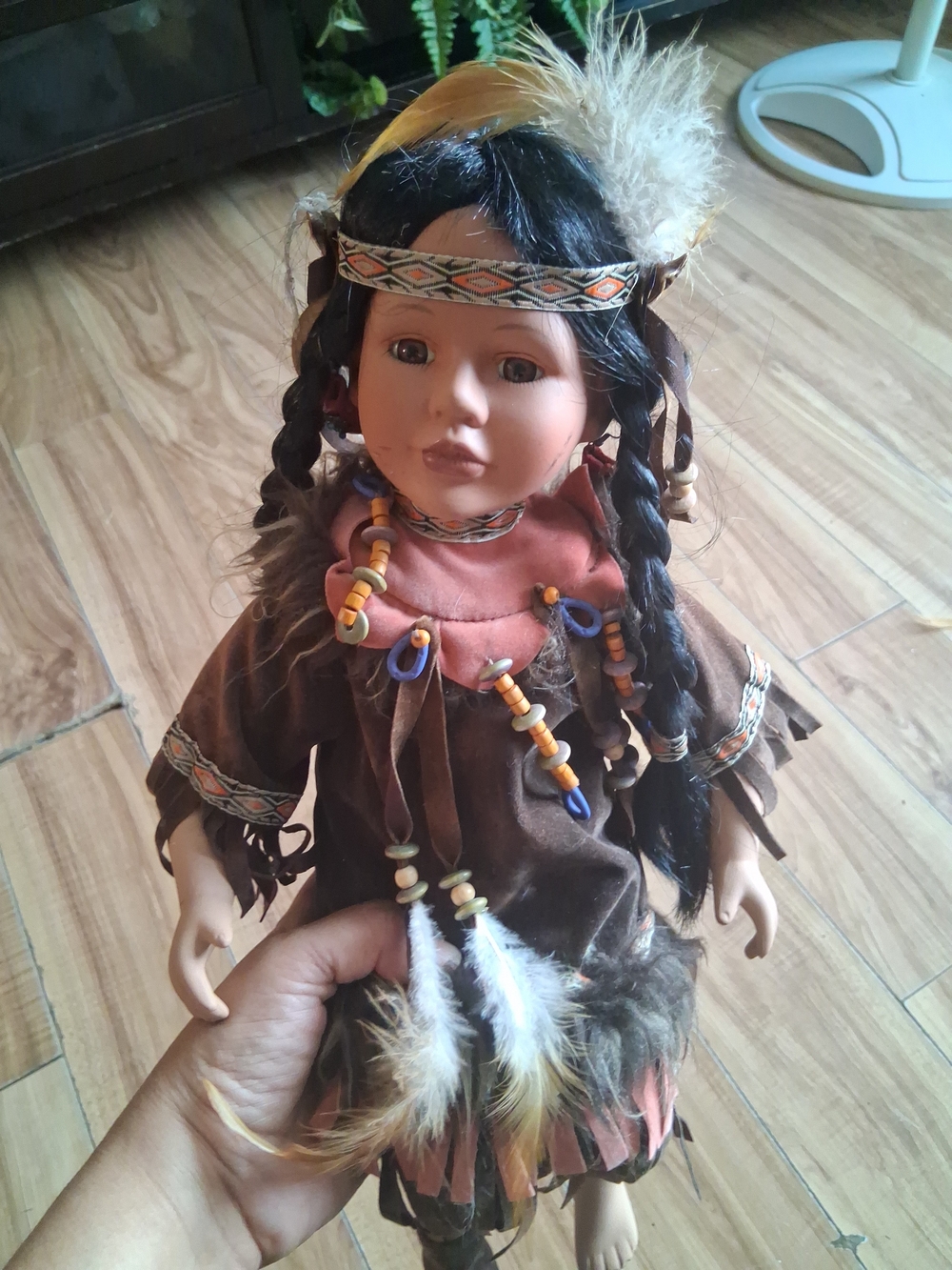Brown Feather-Trimmed Halloween Costume Doll Outfit with Headband